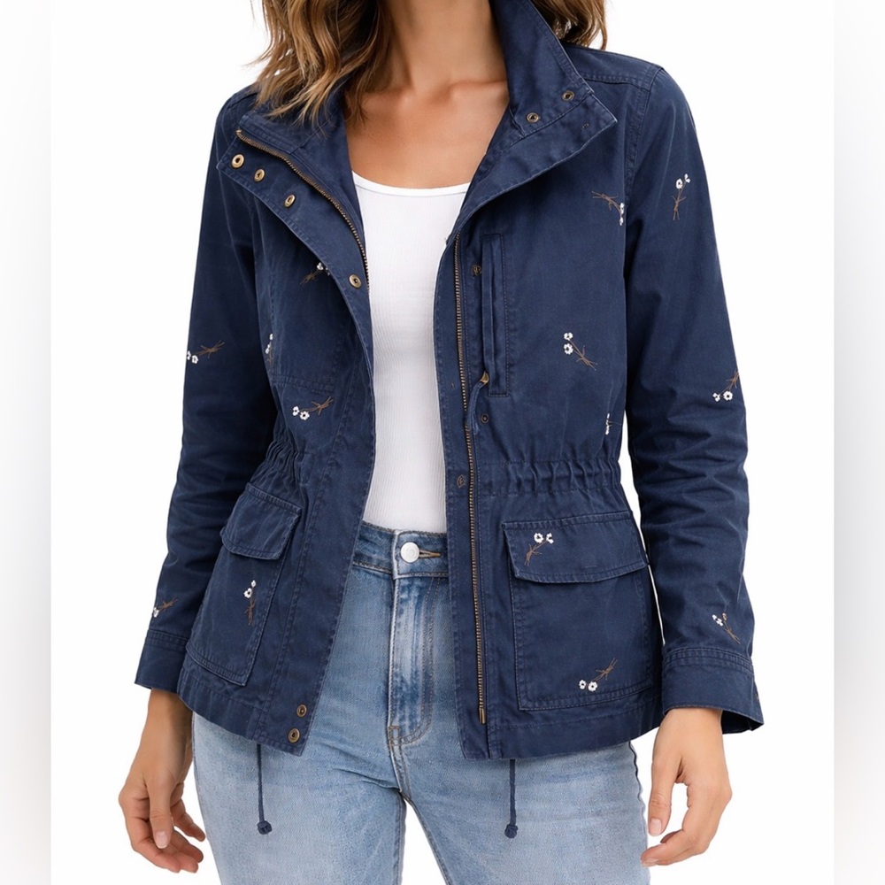 Madewell XXS Navy Embroidered Utility Jacket Cotton Floral Military Style